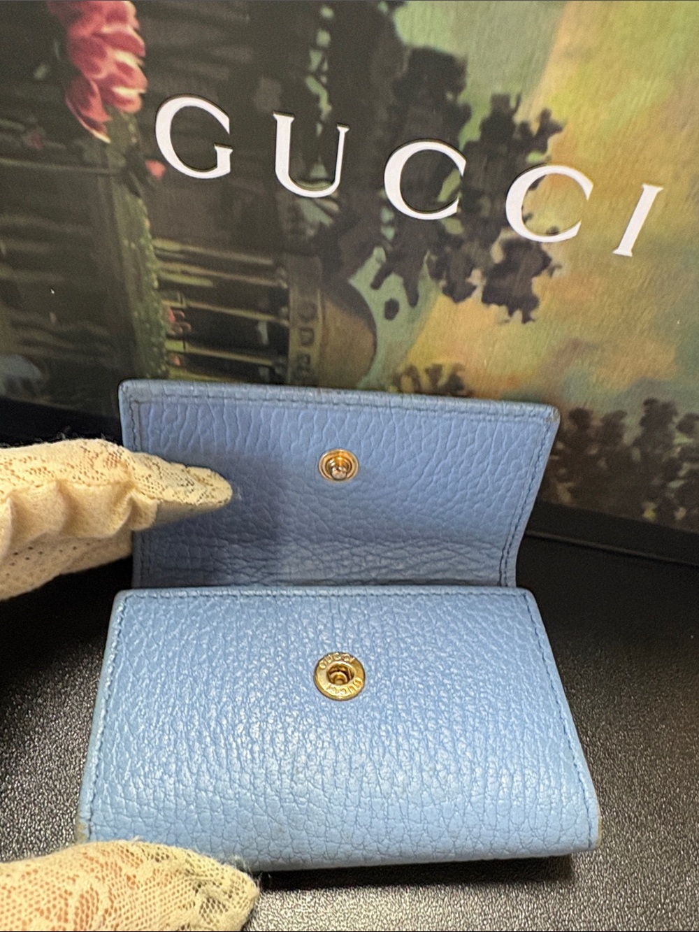 Gucci💙SkyBlue Pebbled Leather Key-holder Wallet W/Double G Gold -GUC - Picture 6 of 12